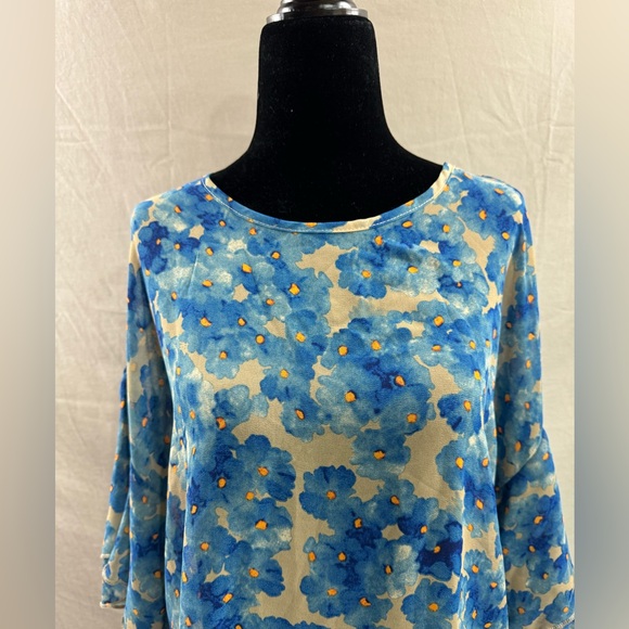 Floral Print Round Neck Flare Sleeve Blouse Blue - Picture 6 of 8